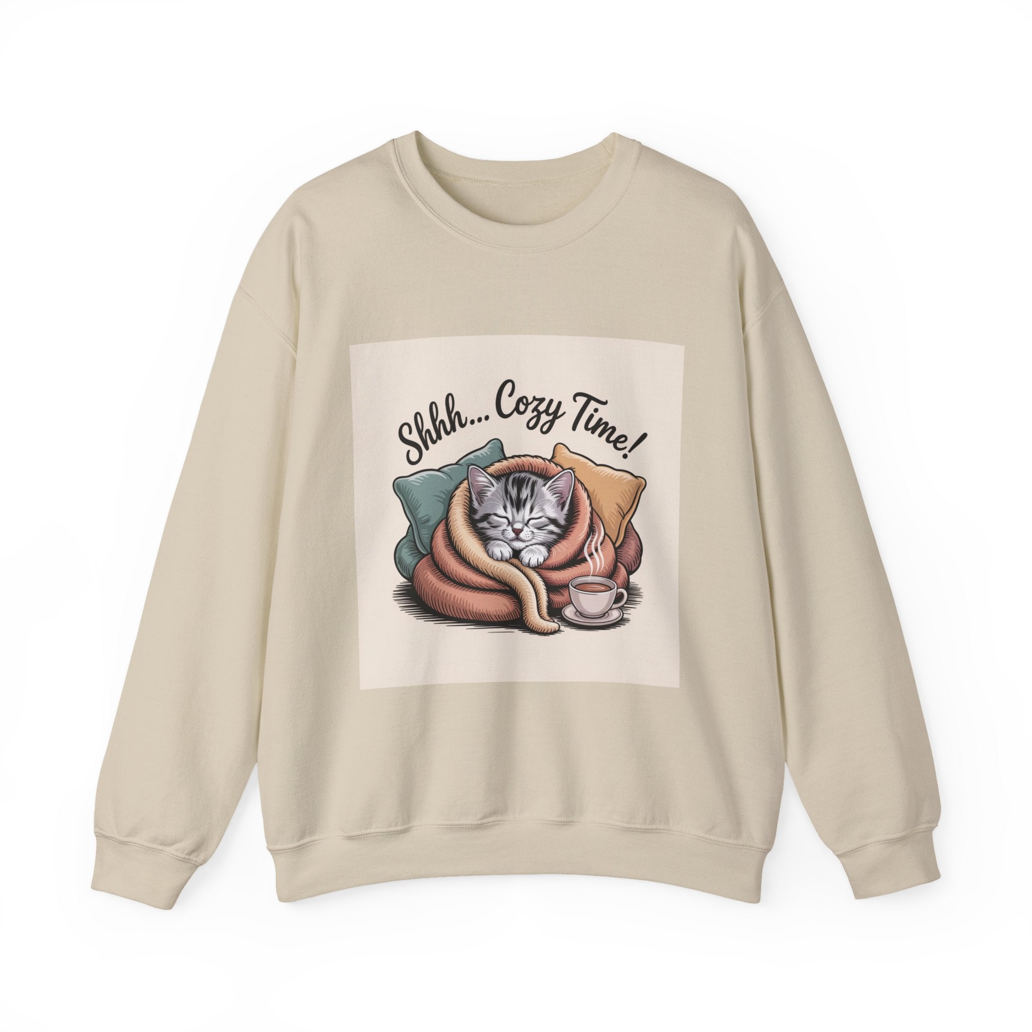 Cozy Cat Crewneck Sweatshirt — “Shhh... Cozy Time!” Graphic