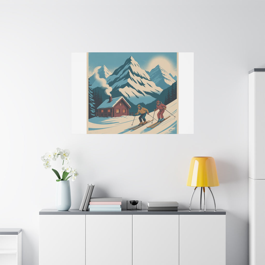 Retro Ski Mountain Canvas Print — Vintage Winter Cabin Art
