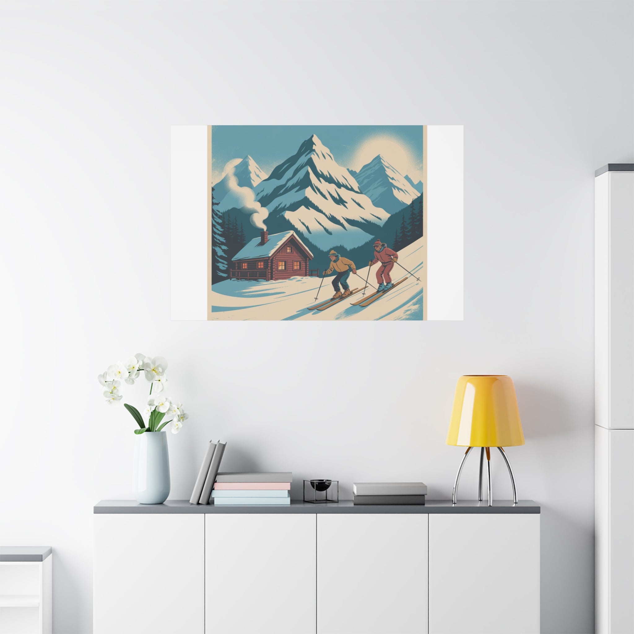 Retro Ski Mountain Canvas Print — Vintage Winter Cabin Art