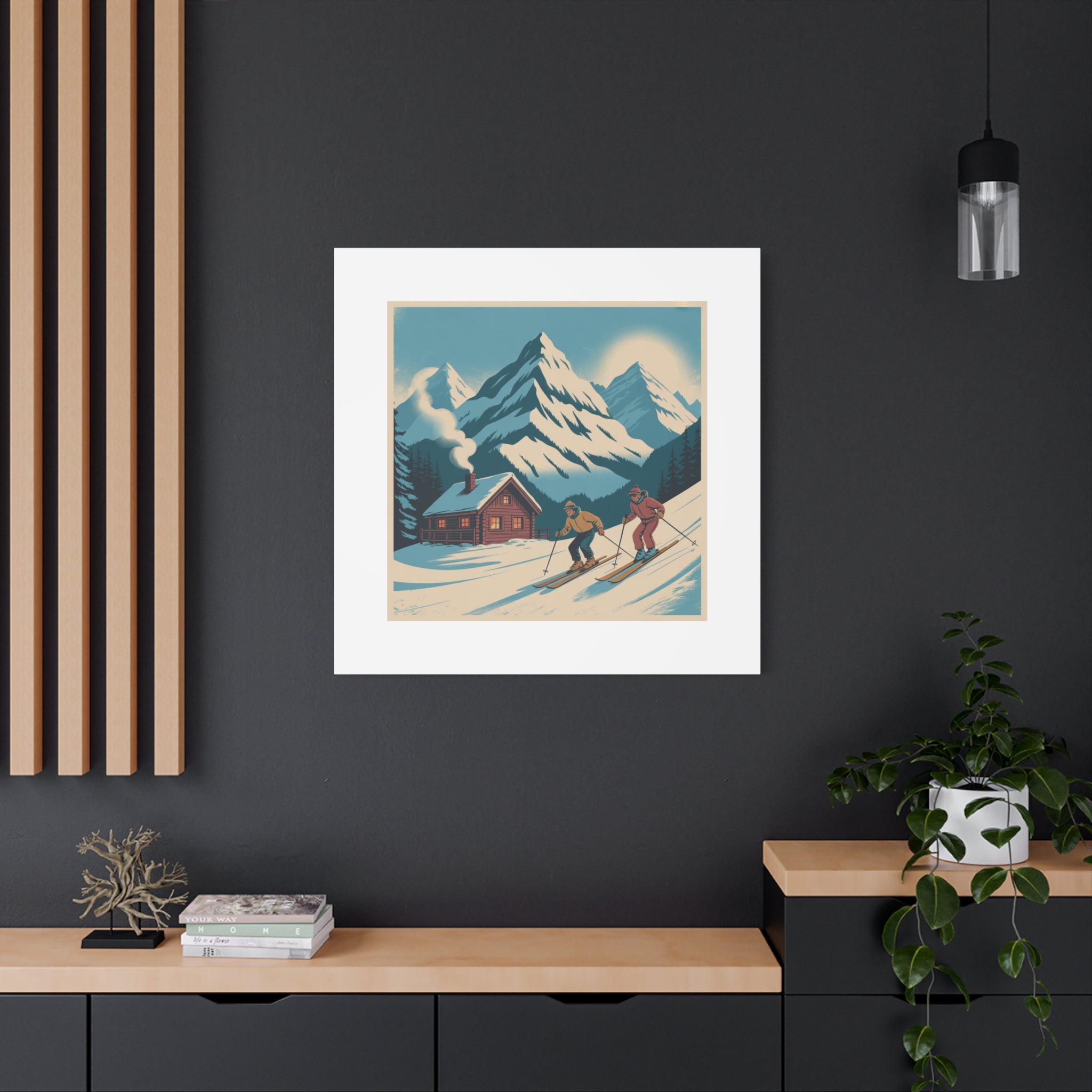 Retro Ski Mountain Canvas Print — Vintage Winter Cabin Art