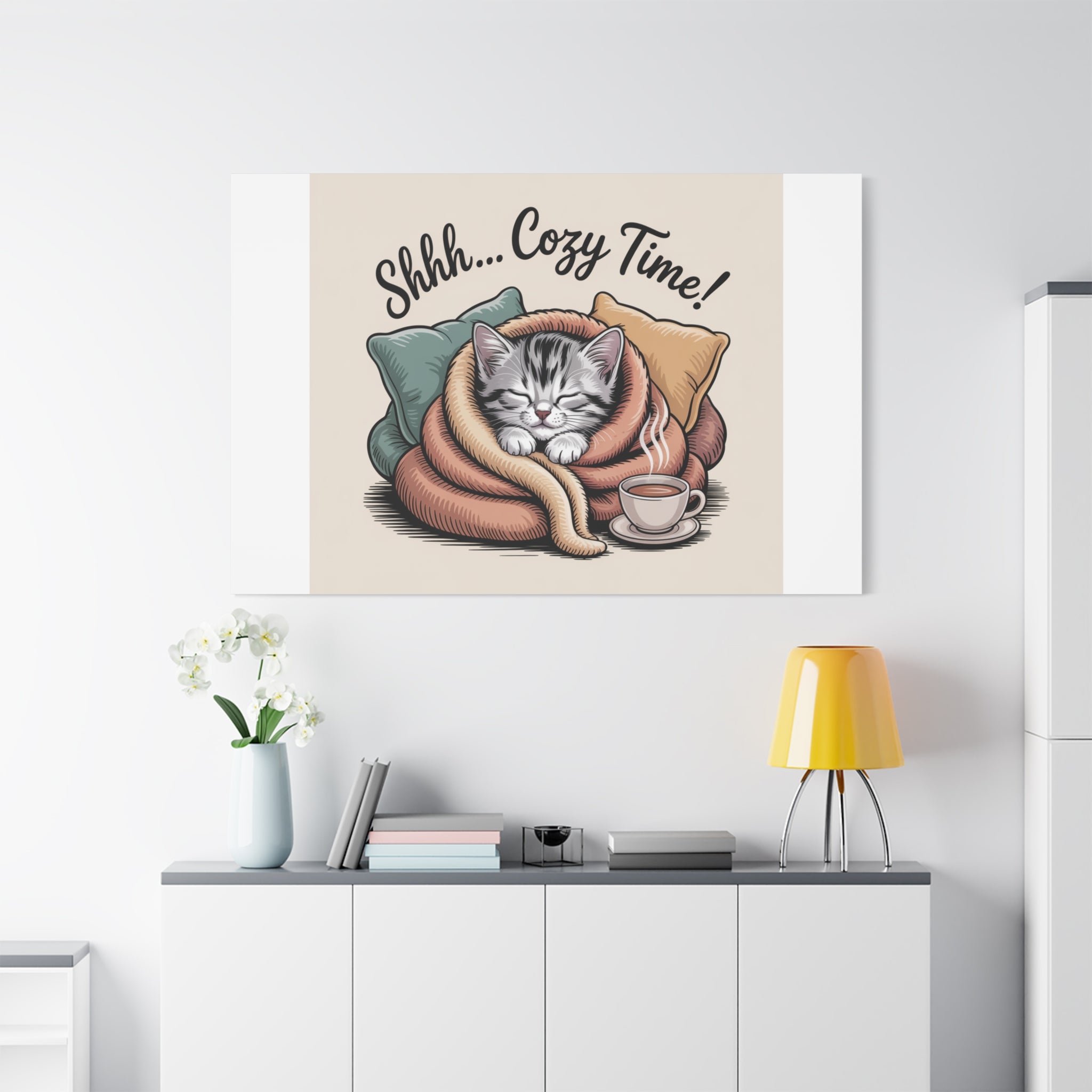 Cozy Cat Canvas Print — "Shhh... Cozy Time!" Matte Stretched Wall Art