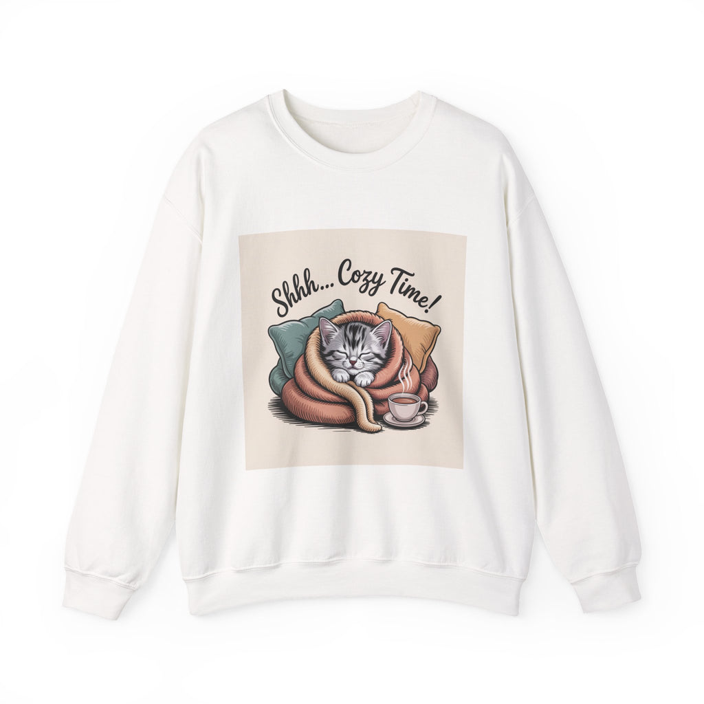 Cozy Cat Crewneck Sweatshirt — “Shhh... Cozy Time!” Graphic