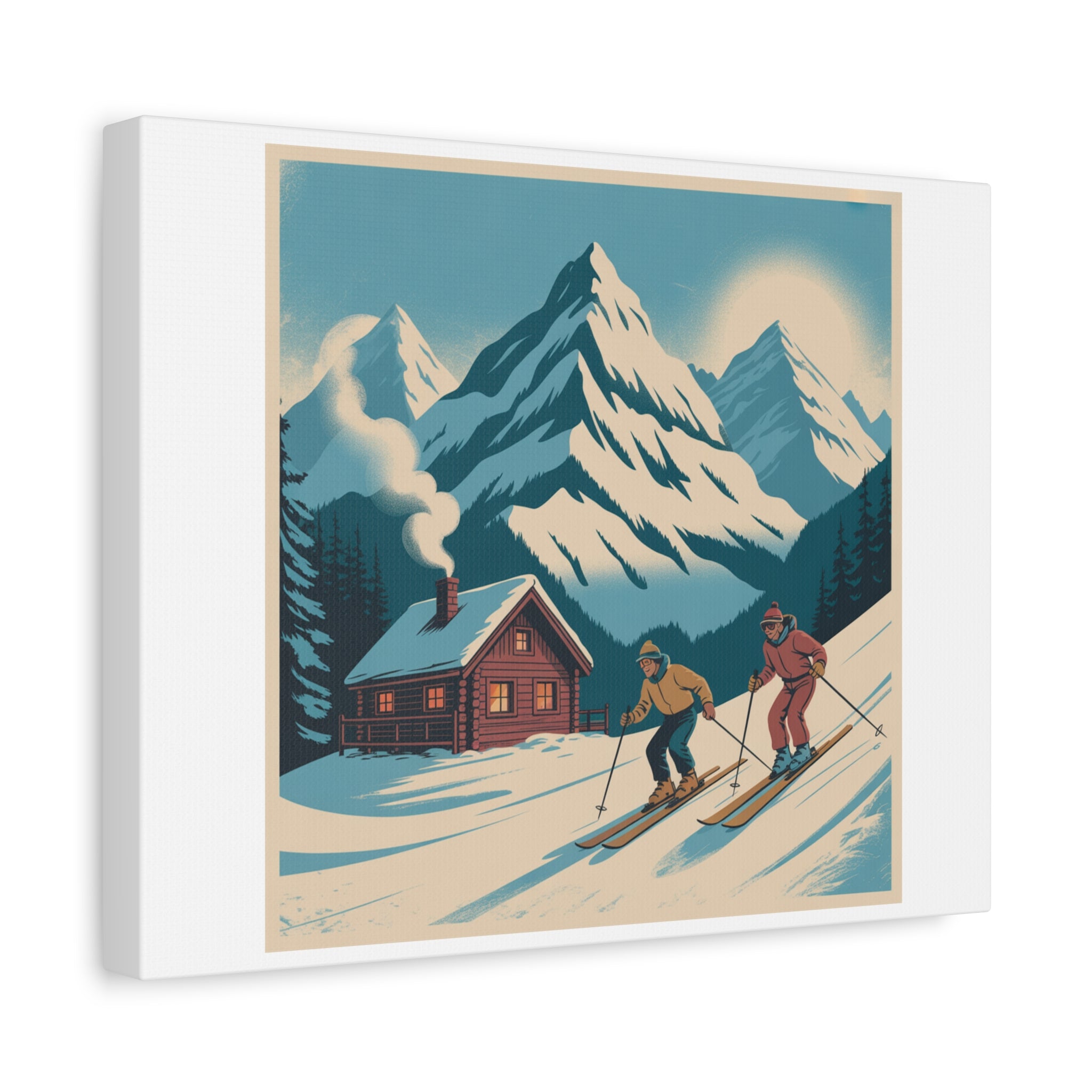 Retro Ski Mountain Canvas Print — Vintage Winter Cabin Art