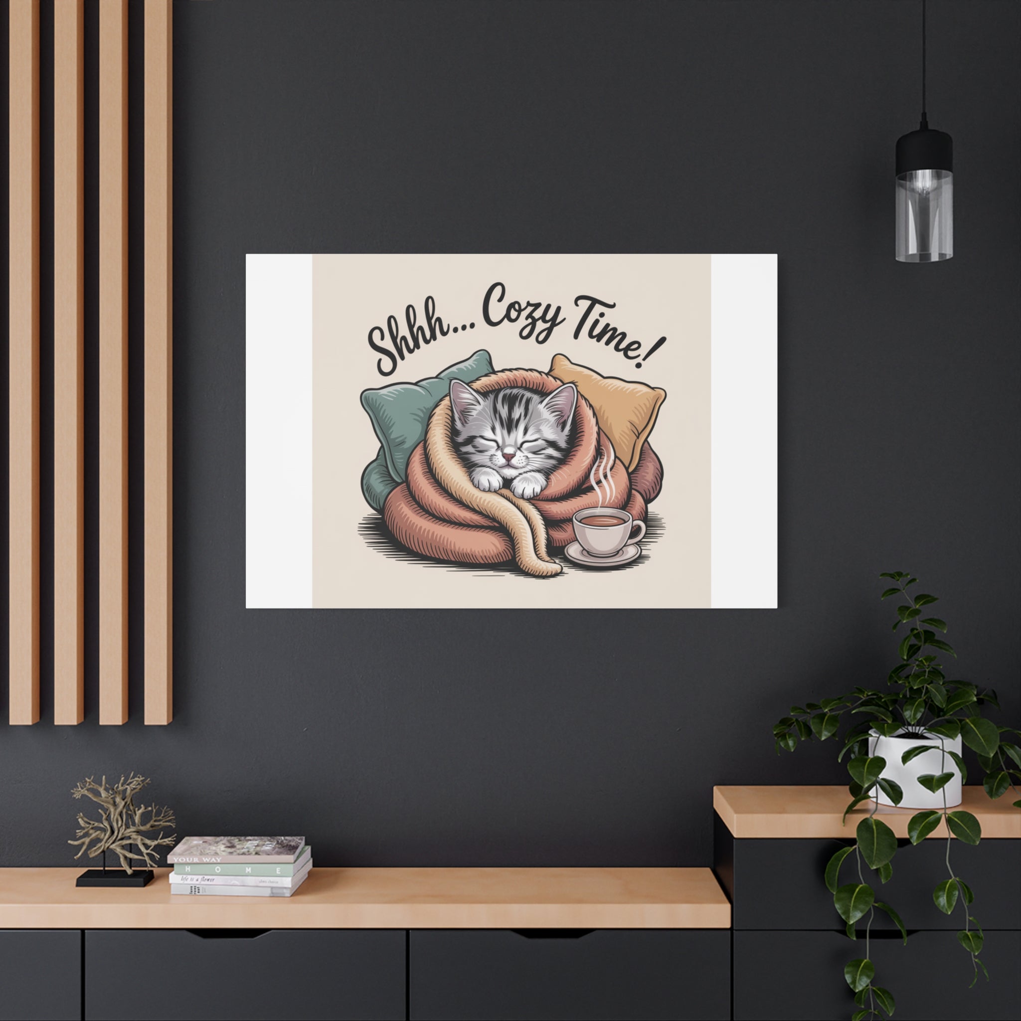 Cozy Cat Canvas Print — "Shhh... Cozy Time!" Matte Stretched Wall Art