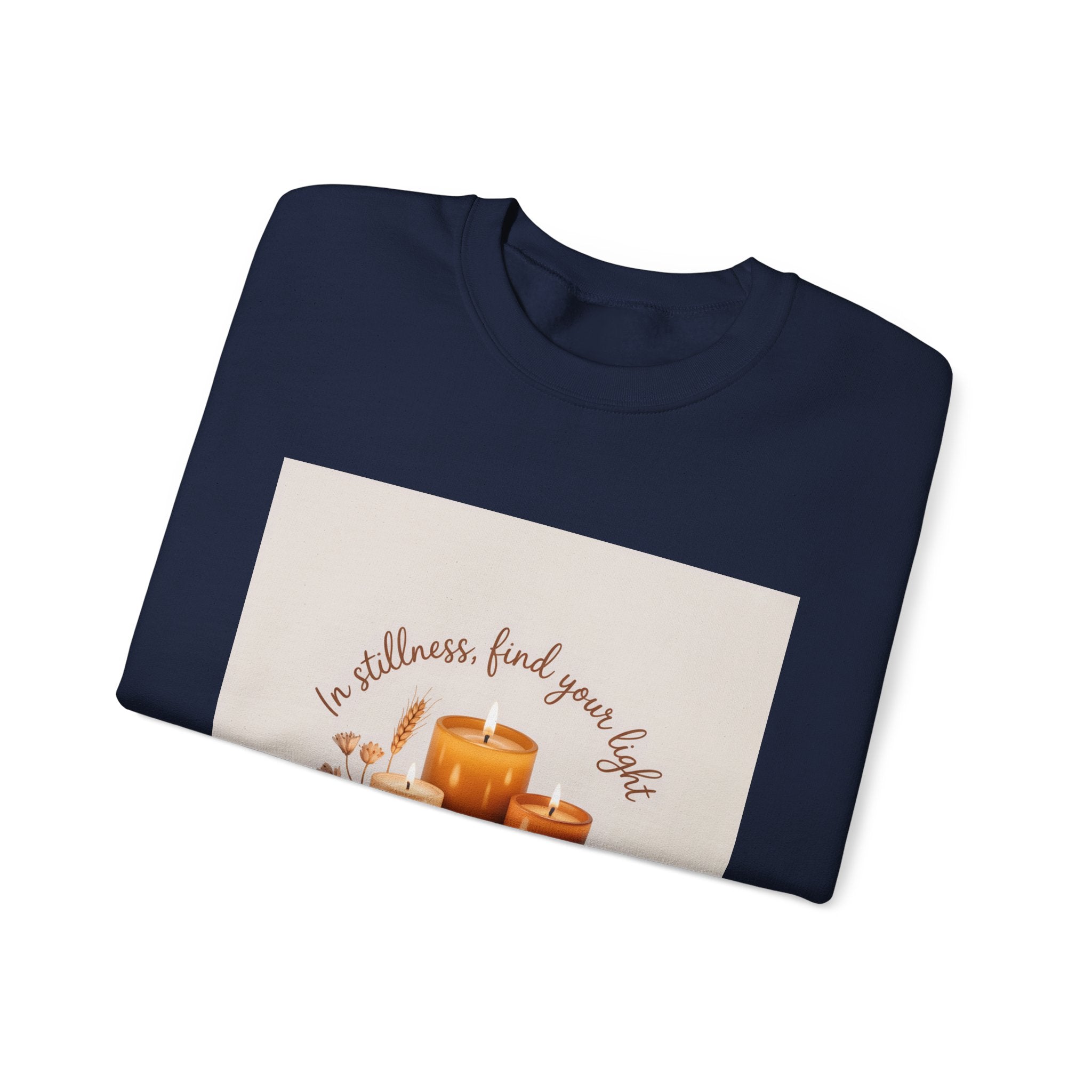 Cozy Candle Crewneck Sweatshirt — "In Stillness Find Your Light" Relaxation Pullover