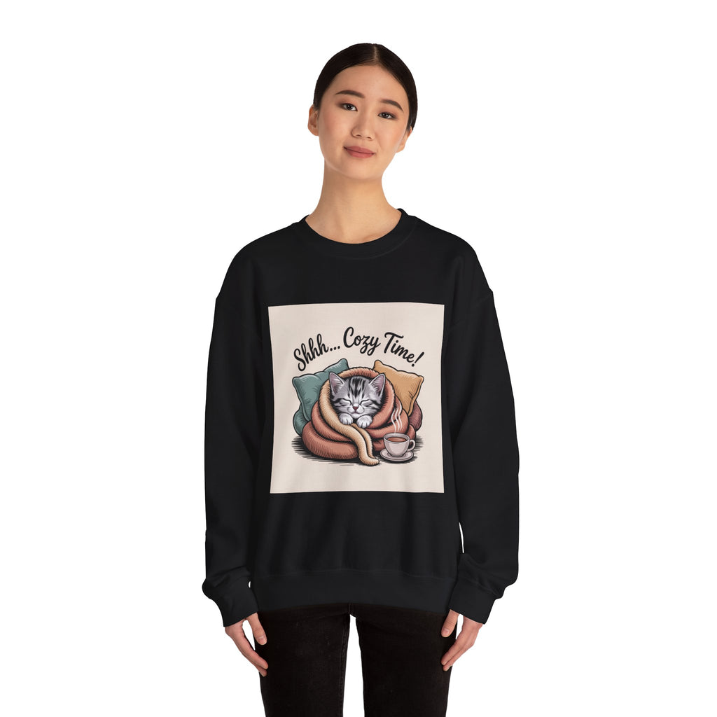 Cozy Cat Crewneck Sweatshirt — “Shhh... Cozy Time!” Graphic
