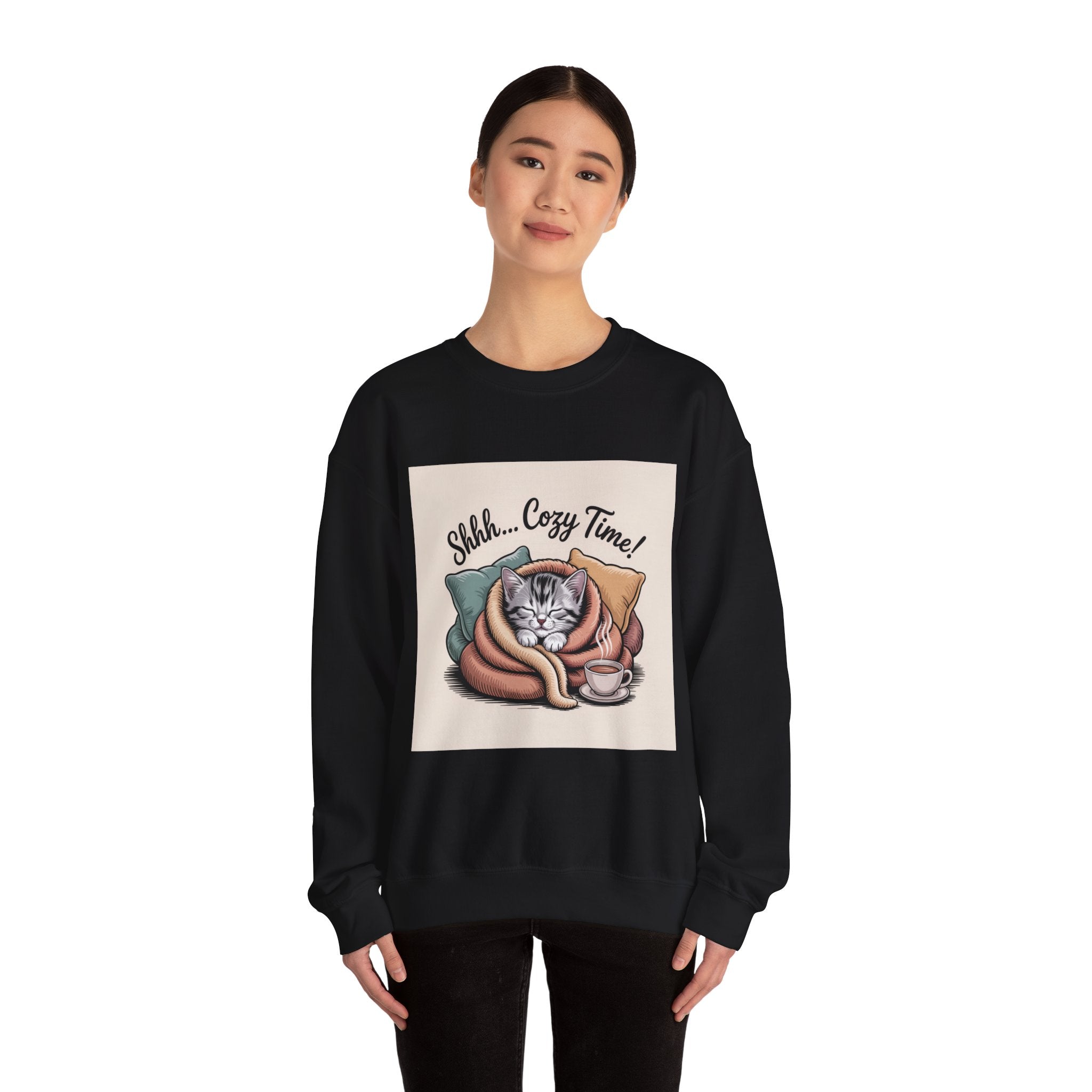 Cozy Cat Crewneck Sweatshirt — “Shhh... Cozy Time!” Graphic