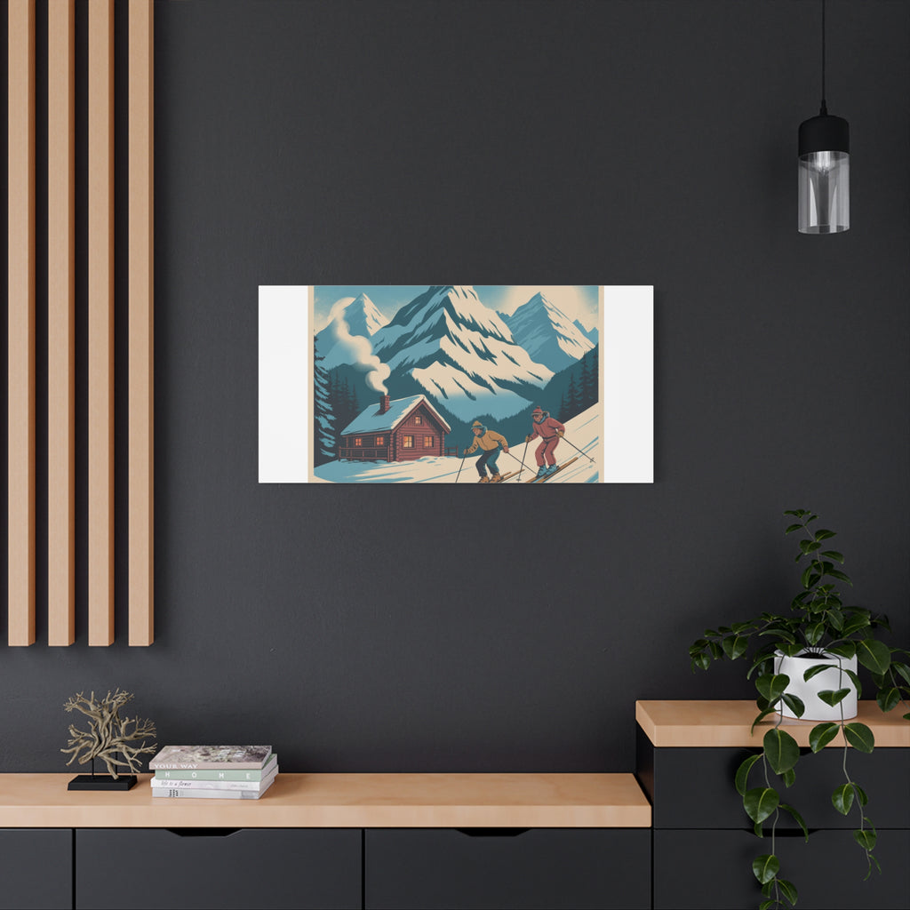 Retro Ski Mountain Canvas Print — Vintage Winter Cabin Art