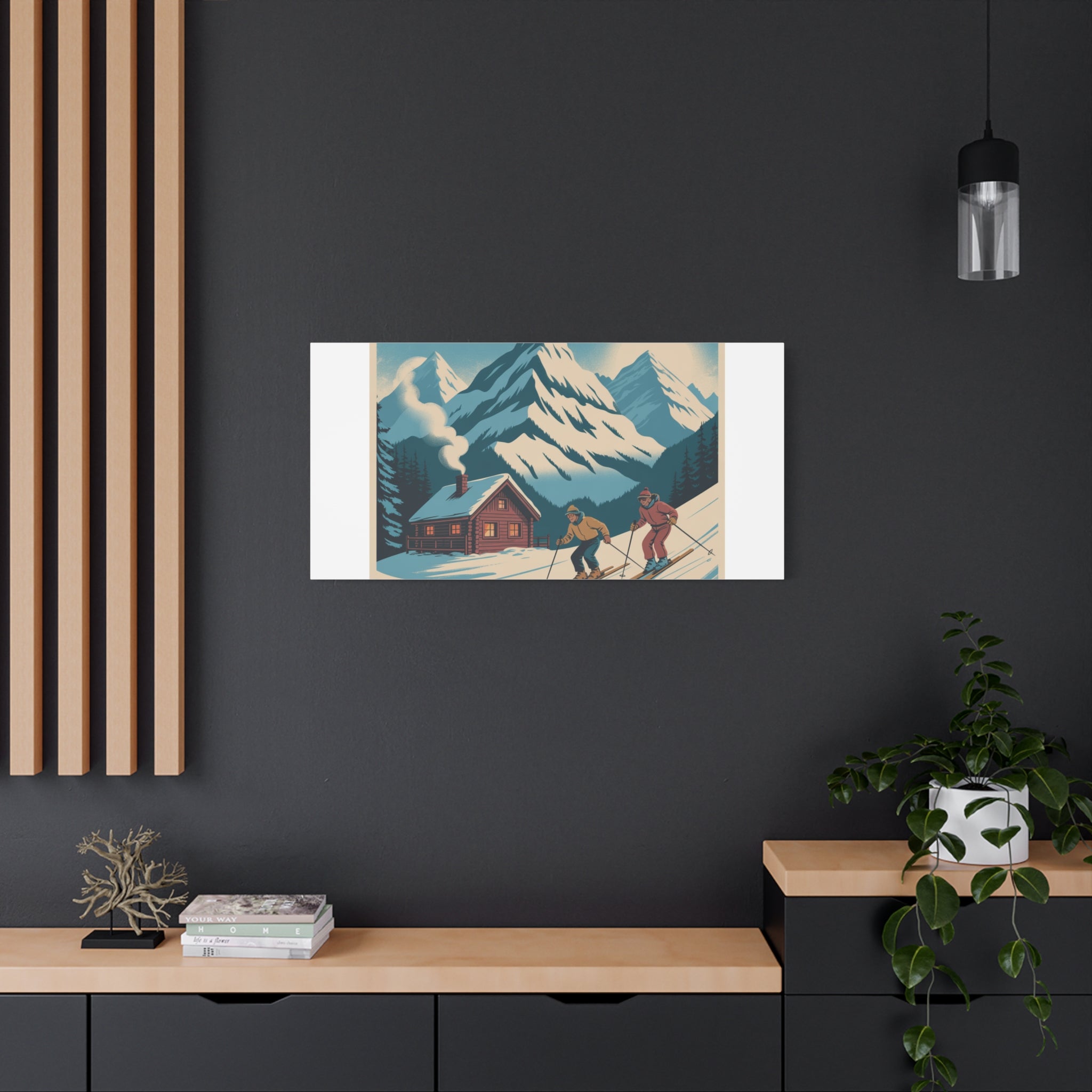 Retro Ski Mountain Canvas Print — Vintage Winter Cabin Art
