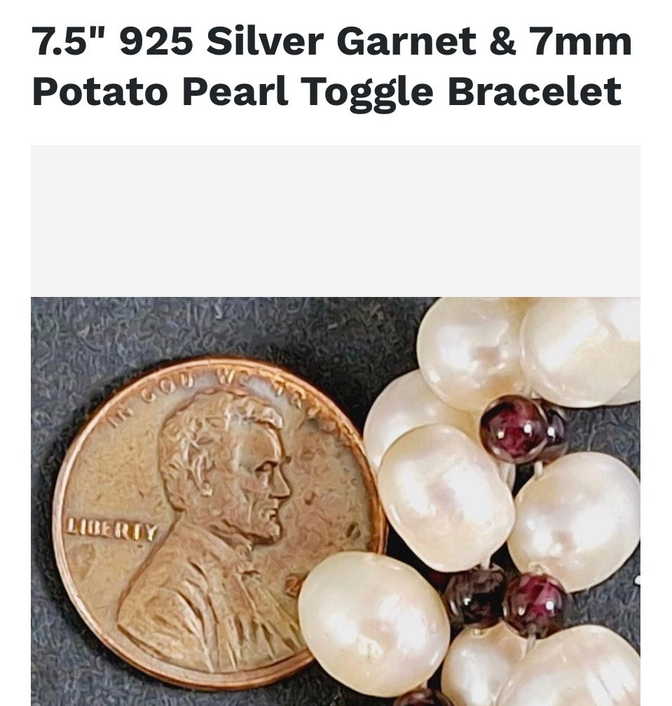 Sterling silver, ruby garnets & natural sea pearls bracelet