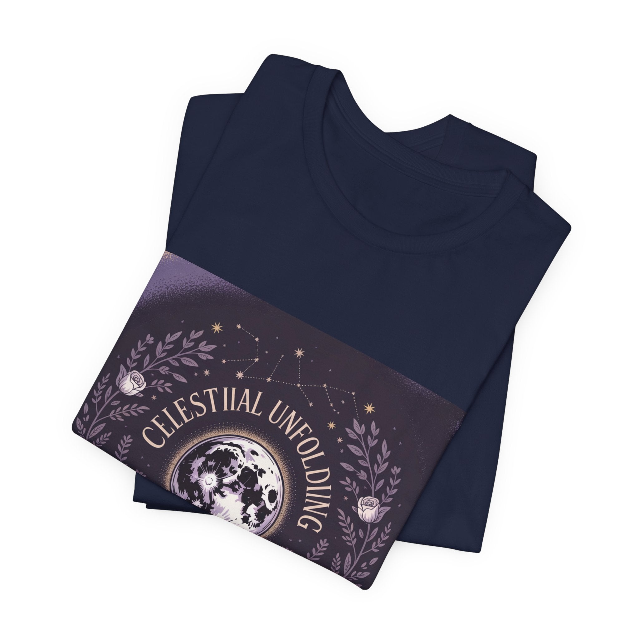 Celestial Unfolding Graphic Tee — Moon & Floral Astrology Shirt