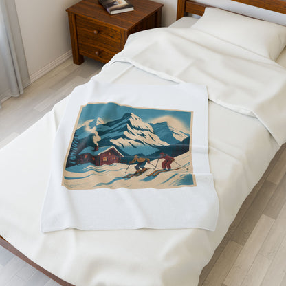 Vintage Ski Chalet Velveteen Plush Blanket — Retro Mountain Cabin Skiers