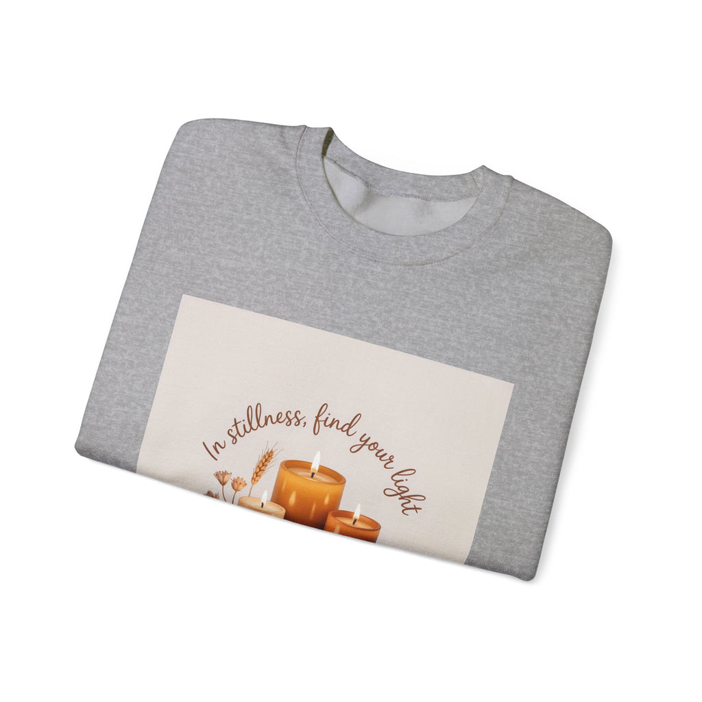 Cozy Candle Crewneck Sweatshirt — "In Stillness Find Your Light" Relaxation Pullover