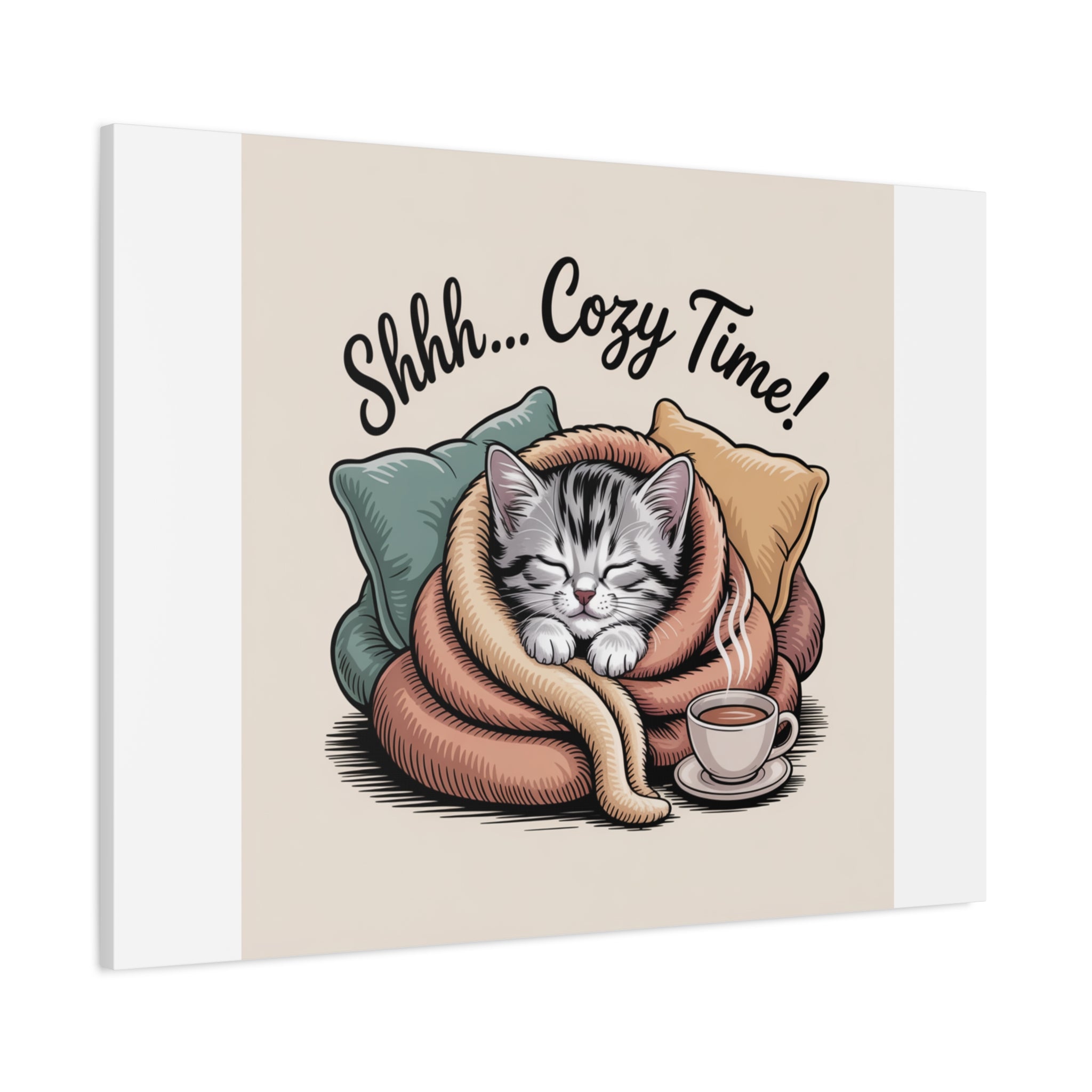 Cozy Cat Canvas Print — "Shhh... Cozy Time!" Matte Stretched Wall Art