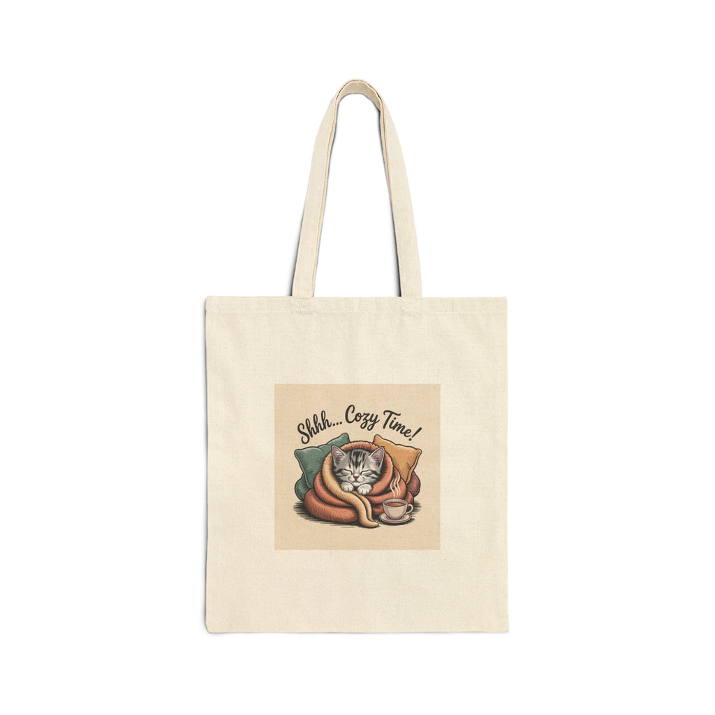 Cotton Tote Bag — "Still Cozy Time" Cat Illustration Canvas Grocery Tote
