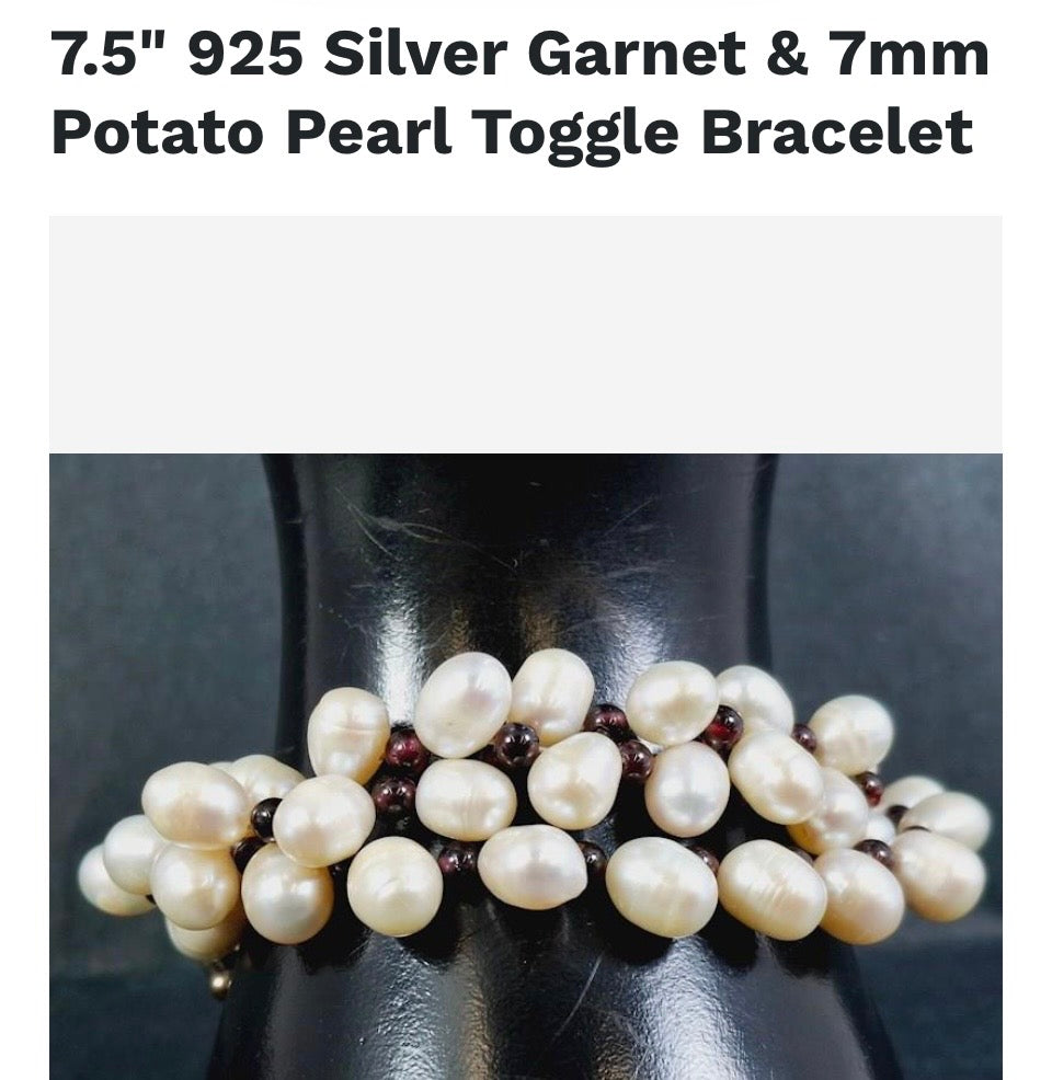 Sterling silver, ruby garnets & natural sea pearls bracelet