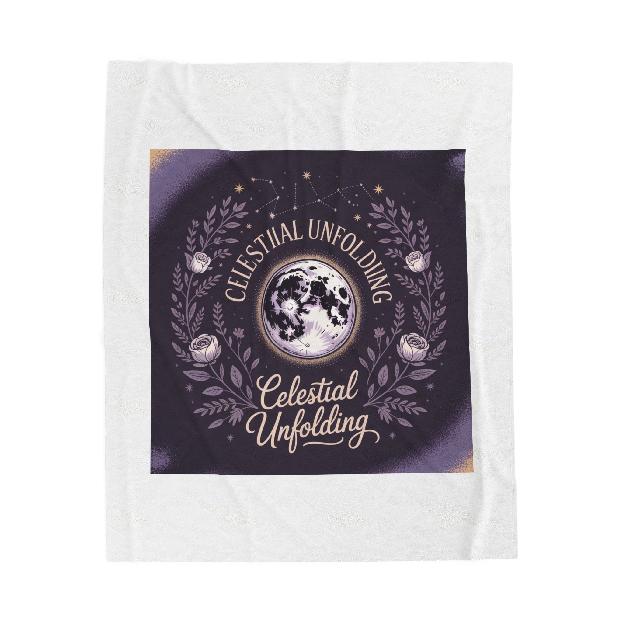 Celestial Unfolding Velveteen Plush Blanket — Moon & Floral Cosmic Throw