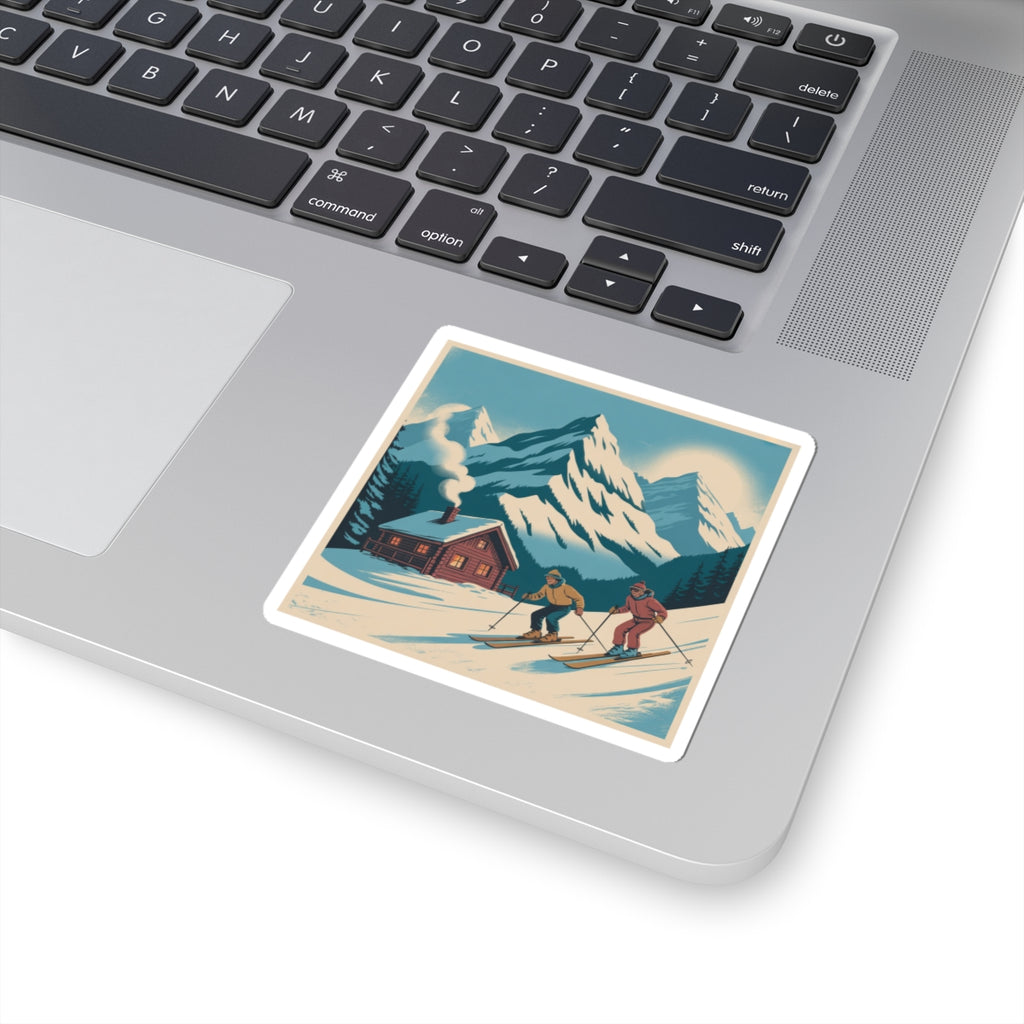 Retro Skiing Mountain Sticker — Vintage Winter Cabin Skiers Kiss-Cut Sticker