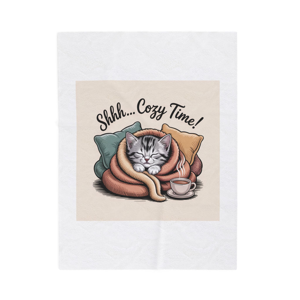 Plush Blanket — 'Shhh... Cozy Time!' Cat Wrapped in Blanket with Tea
