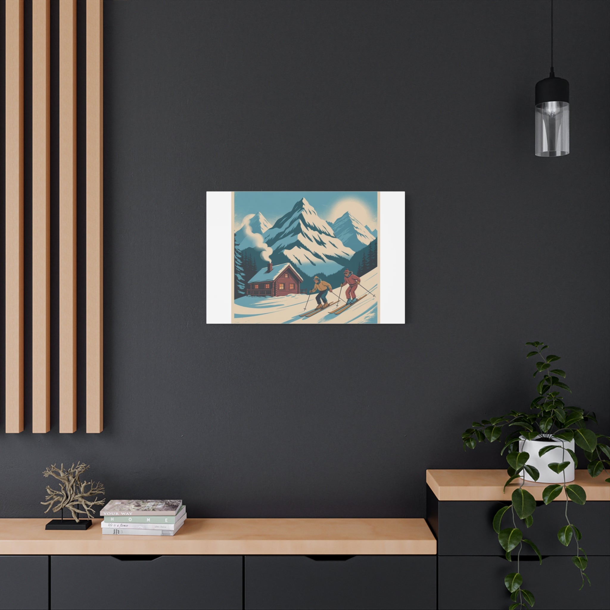 Retro Ski Mountain Canvas Print — Vintage Winter Cabin Art