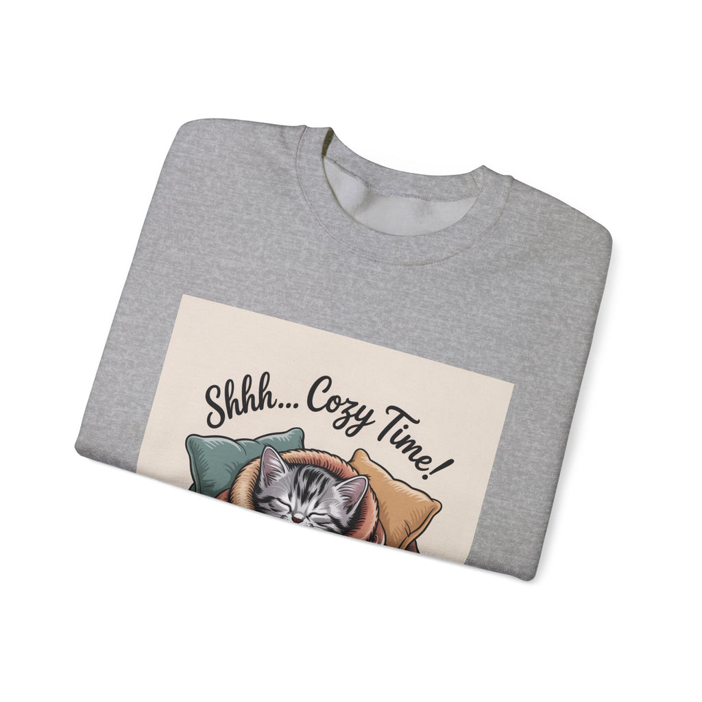 Cozy Cat Crewneck Sweatshirt — “Shhh... Cozy Time!” Graphic