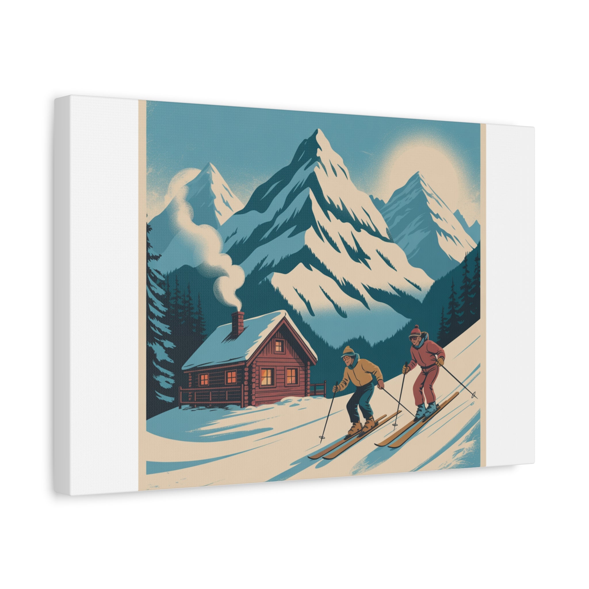 Retro Ski Mountain Canvas Print — Vintage Winter Cabin Art