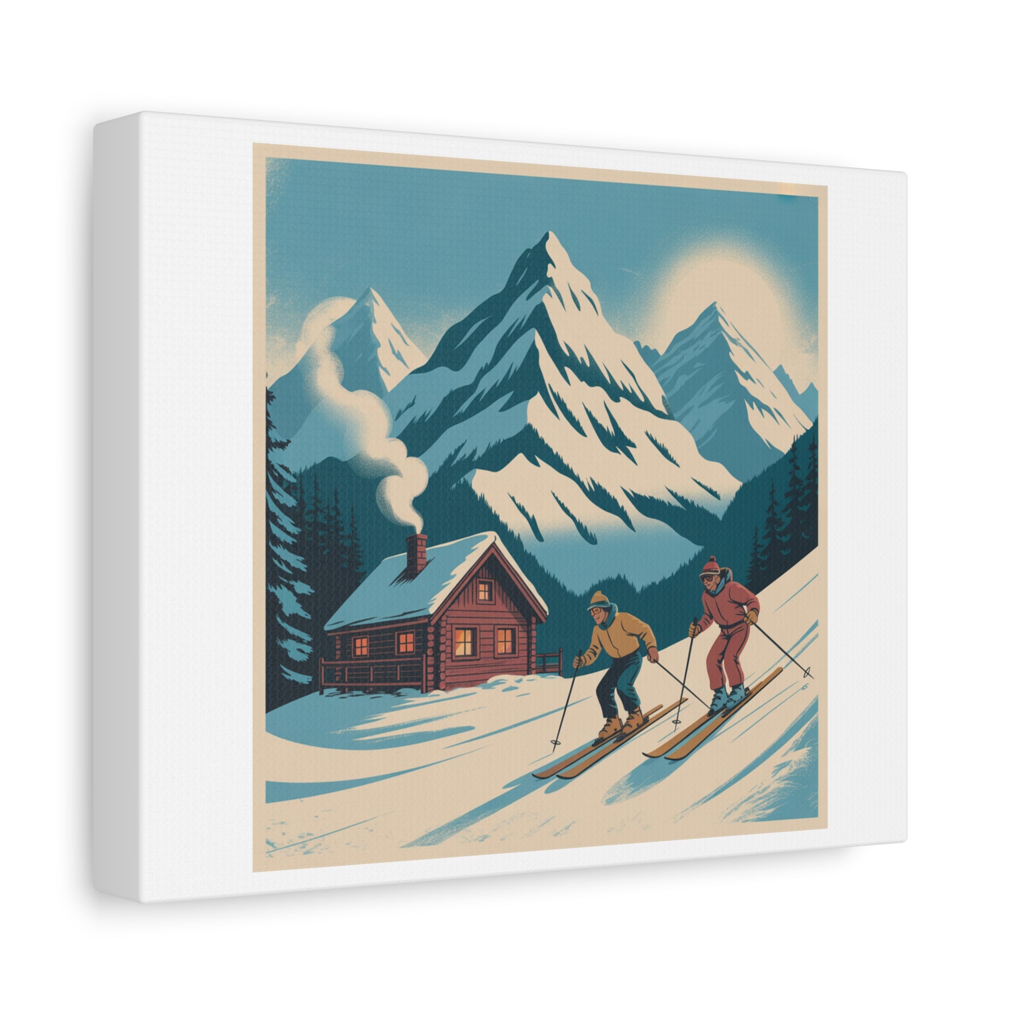 Retro Ski Mountain Canvas Print — Vintage Winter Cabin Art