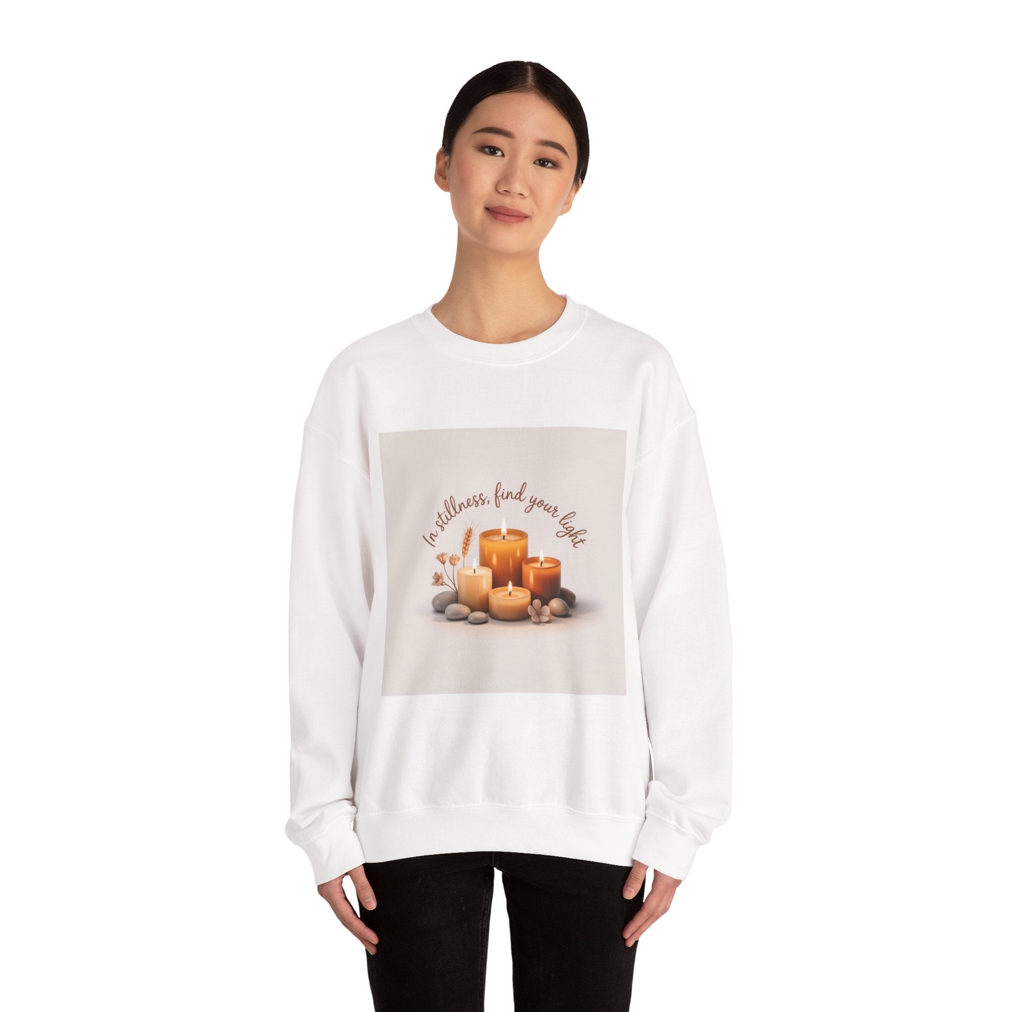 Cozy Candle Crewneck Sweatshirt — "In Stillness Find Your Light" Relaxation Pullover
