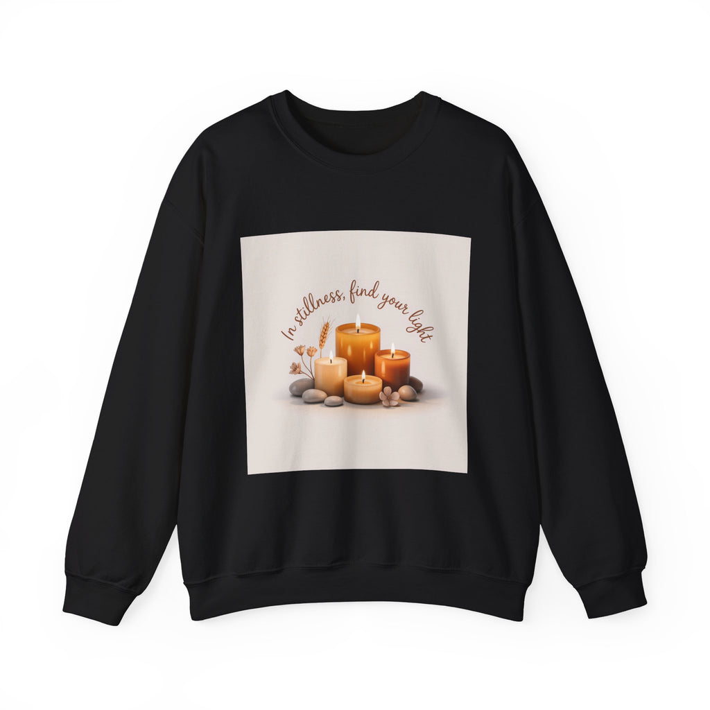 Cozy Candle Crewneck Sweatshirt — "In Stillness Find Your Light" Relaxation Pullover