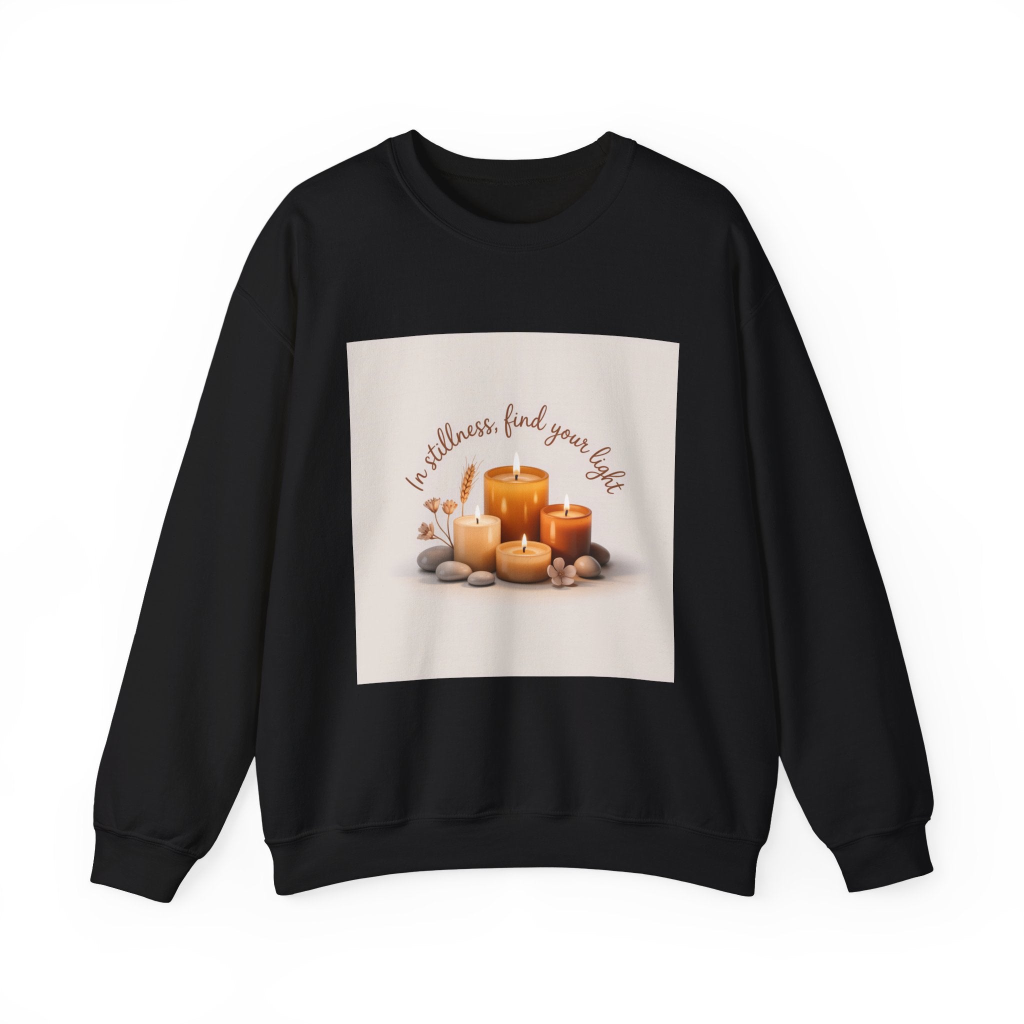 Cozy Candle Crewneck Sweatshirt — "In Stillness Find Your Light" Relaxation Pullover