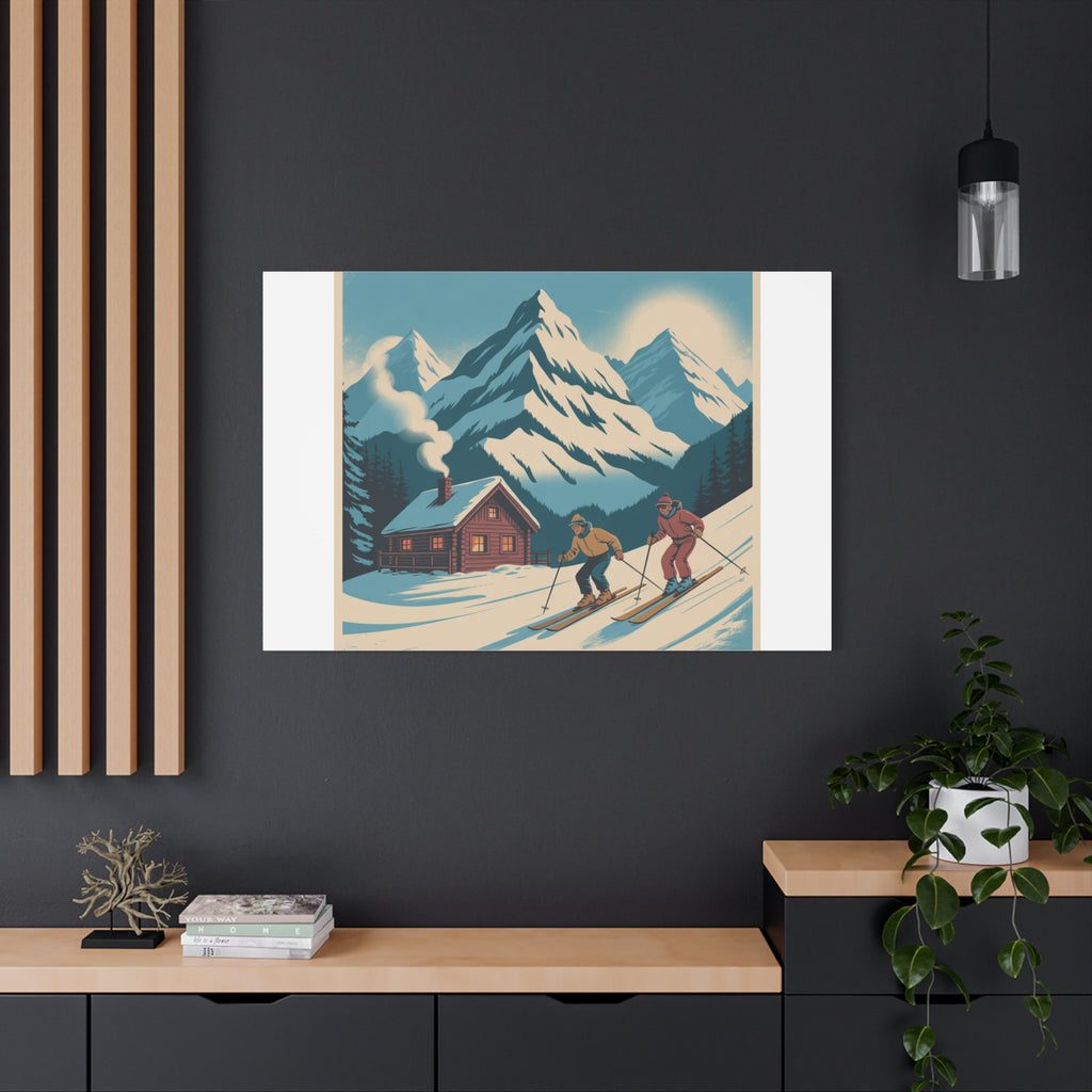 Retro Ski Mountain Canvas Print — Vintage Winter Cabin Art