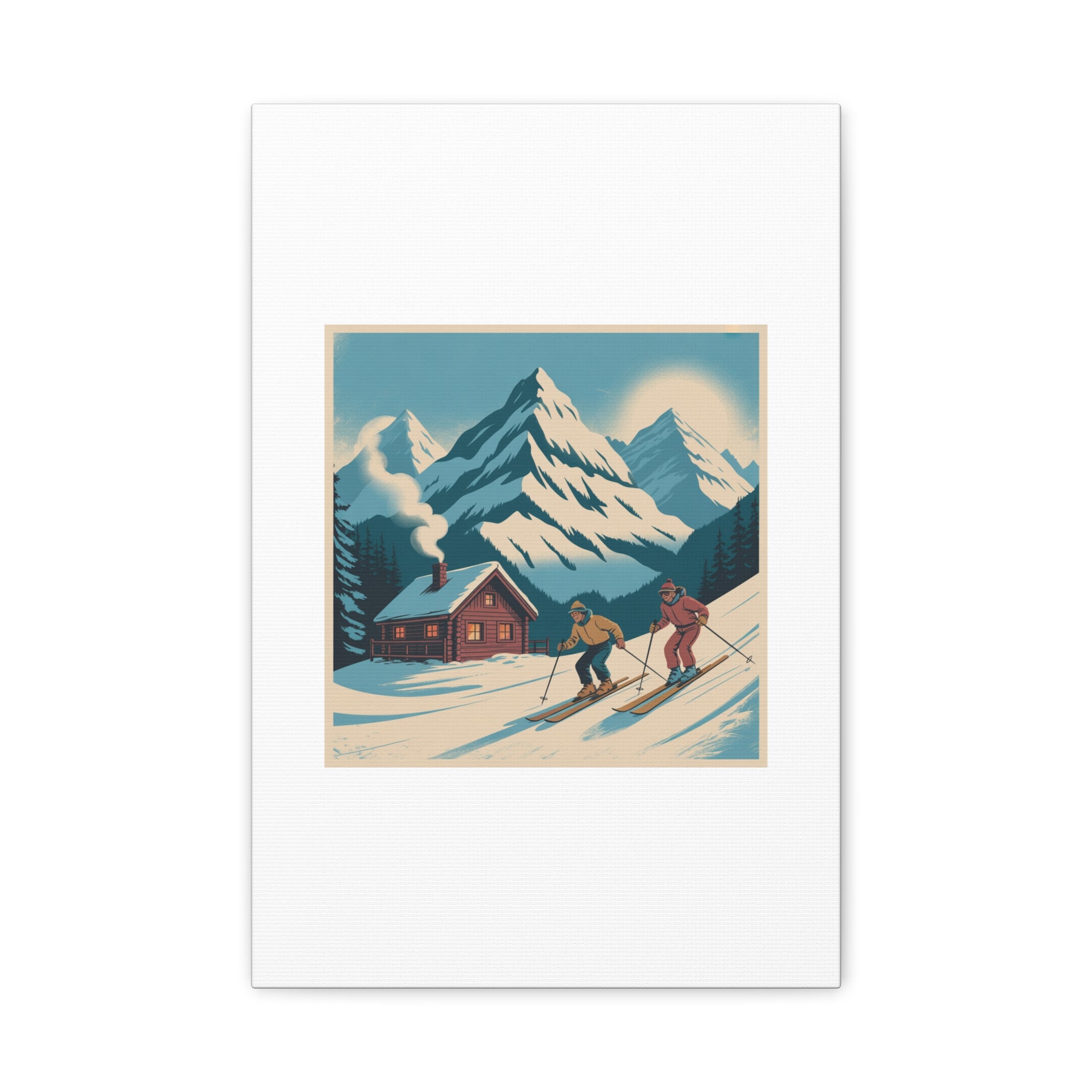 Retro Ski Mountain Canvas Print — Vintage Winter Cabin Art