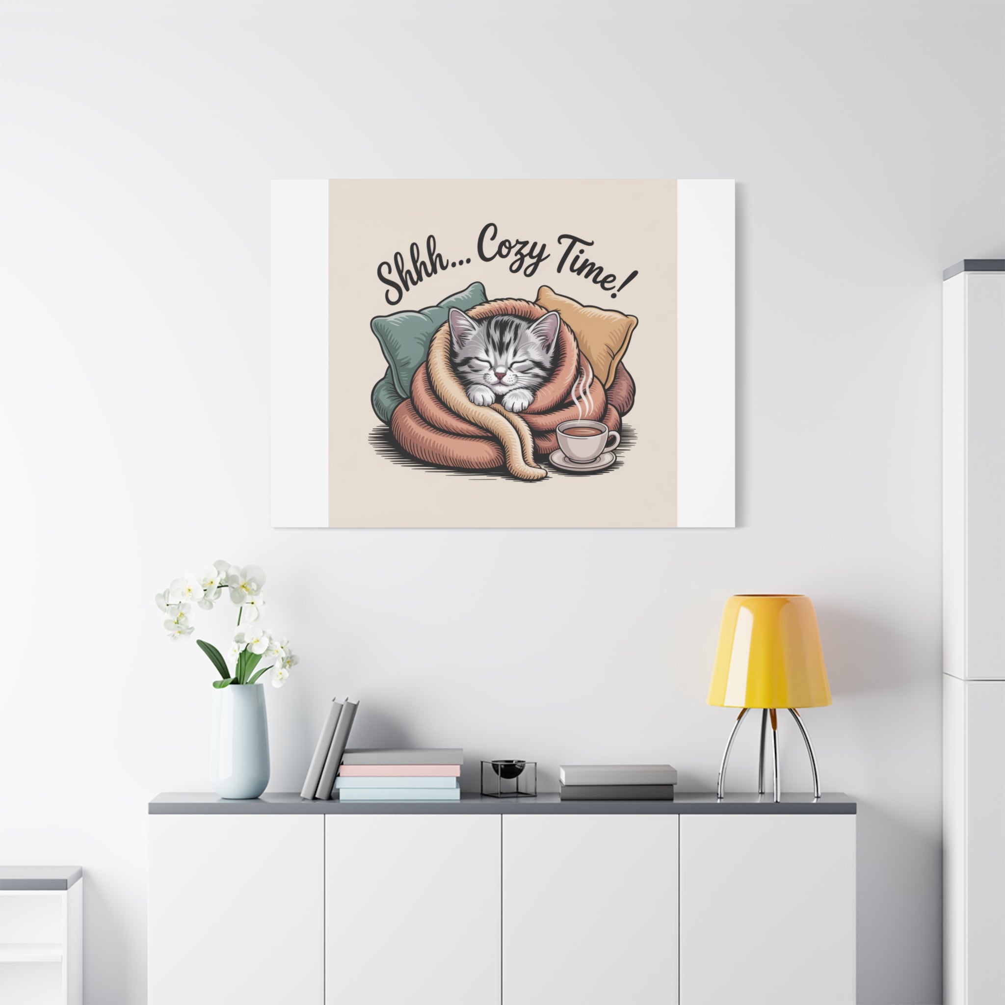 Cozy Cat Canvas Print — "Shhh... Cozy Time!" Matte Stretched Wall Art