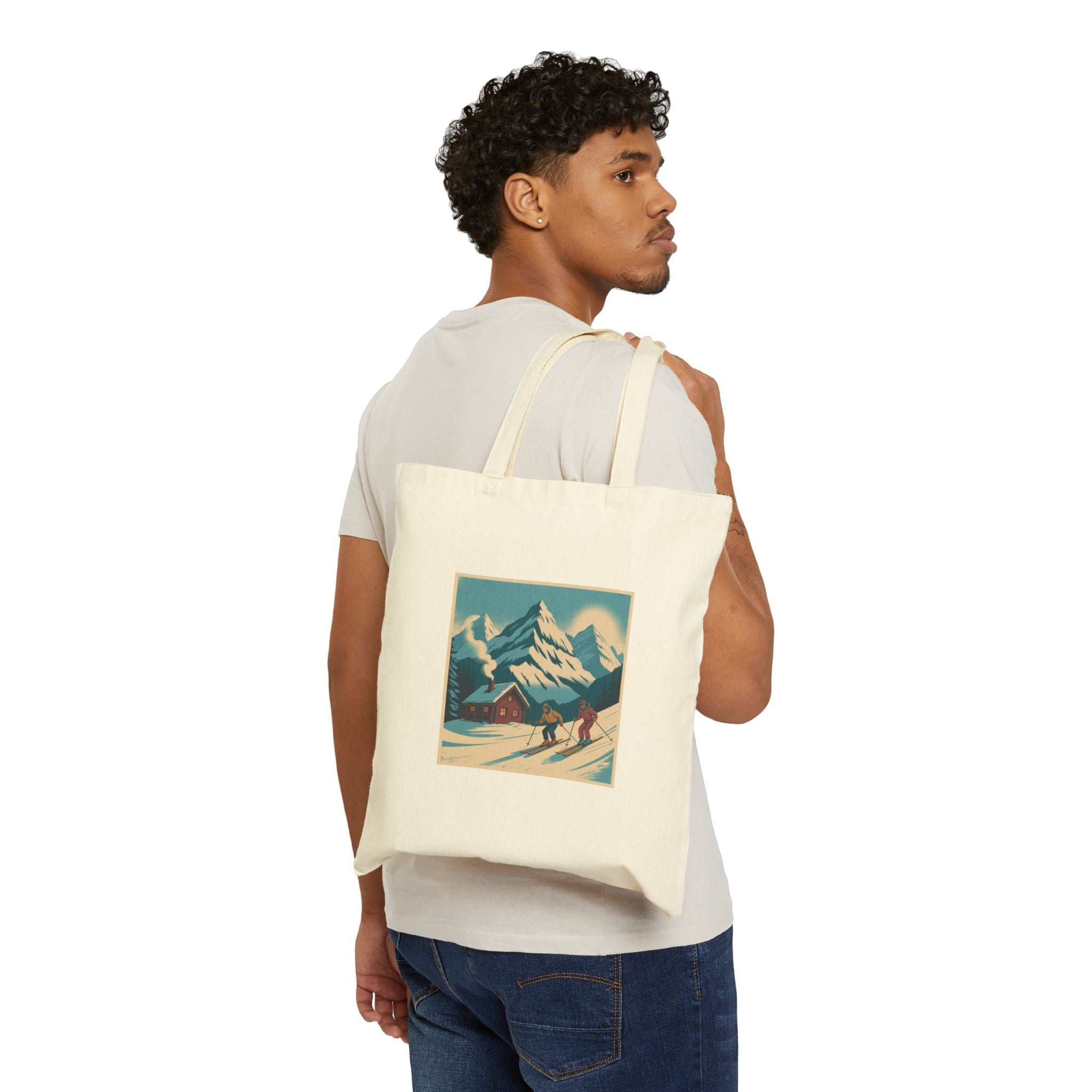 Tote Bag - Vintage Mountain Ski Scene Canvas Tote