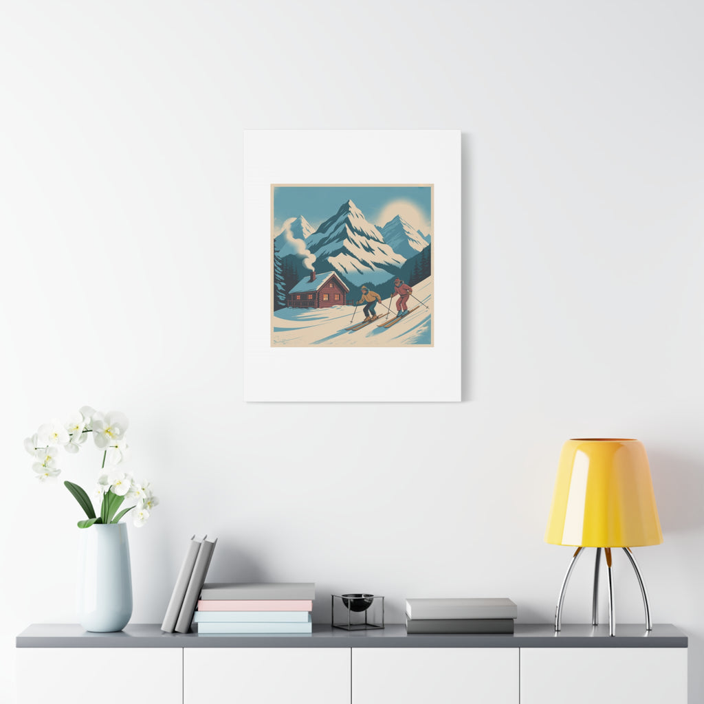 Retro Ski Mountain Canvas Print — Vintage Winter Cabin Art