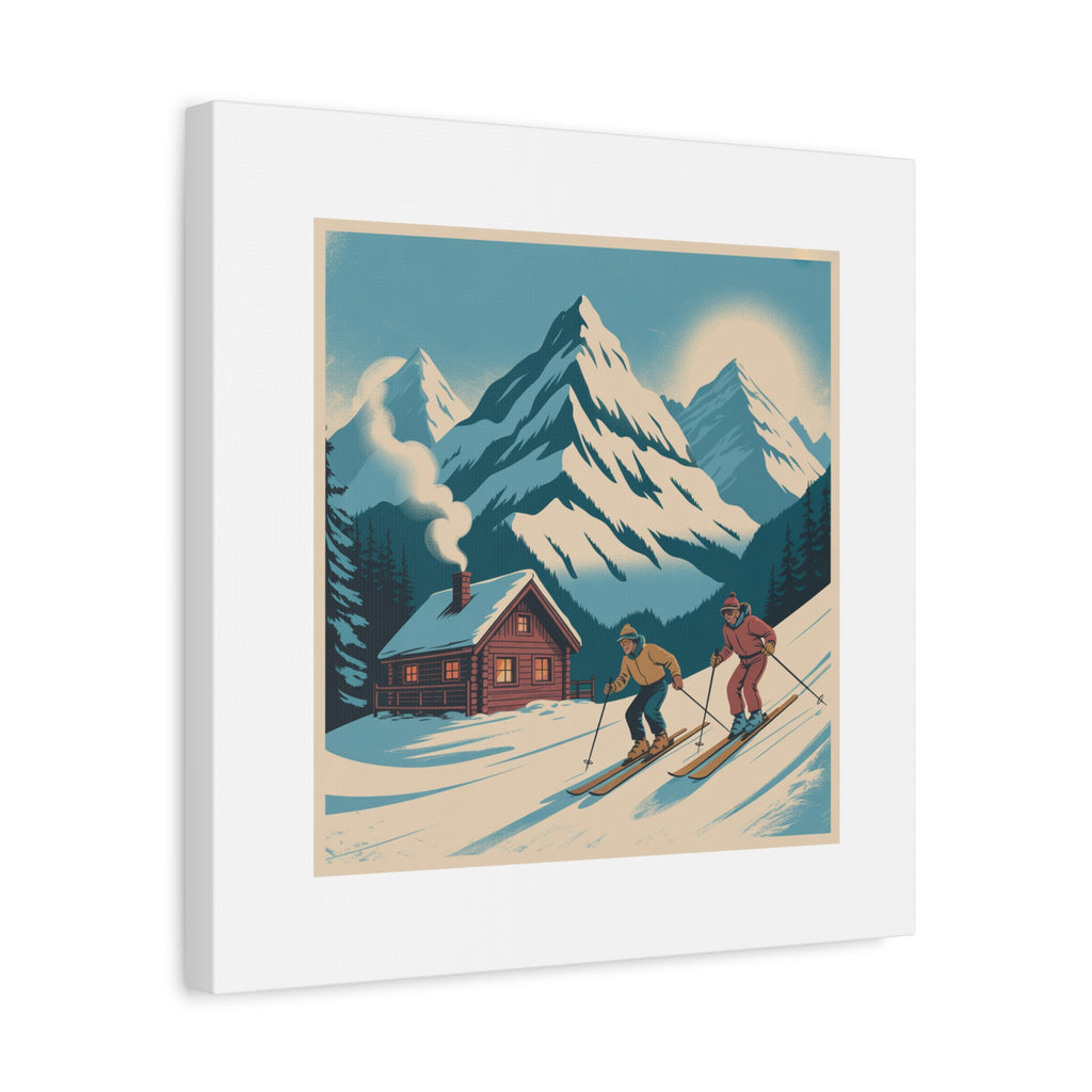Retro Ski Mountain Canvas Print — Vintage Winter Cabin Art
