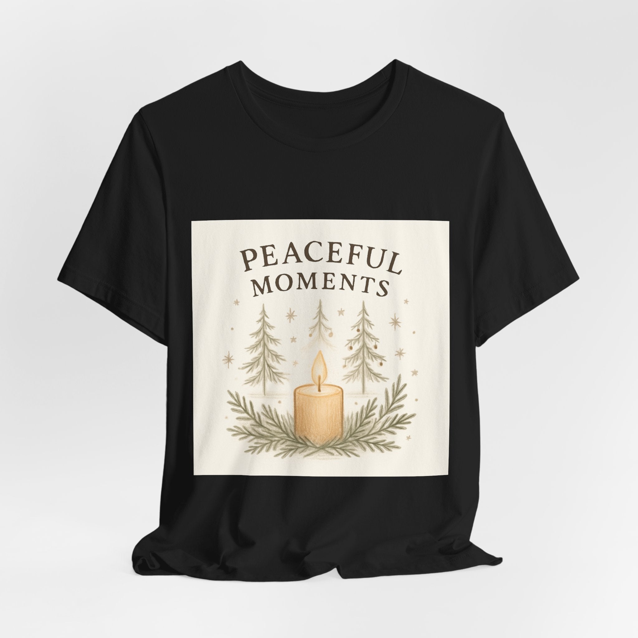 Peaceful Moments Candle Tee – Forest Pines Holiday Graphic T-Shirt