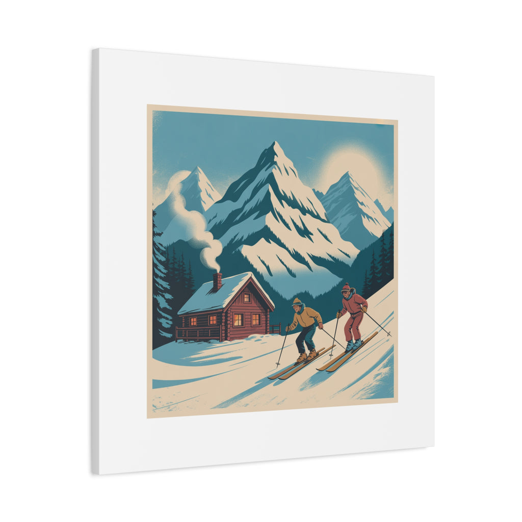 Retro Ski Mountain Canvas Print — Vintage Winter Cabin Art