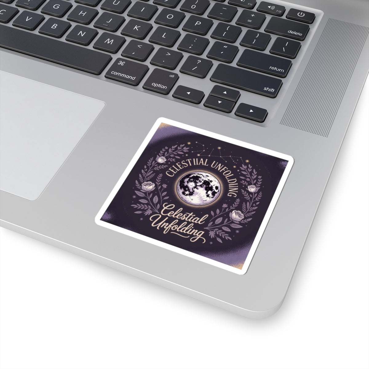 Celestial Unfolding Moon Sticker — Mystical Floral Laptop Decal