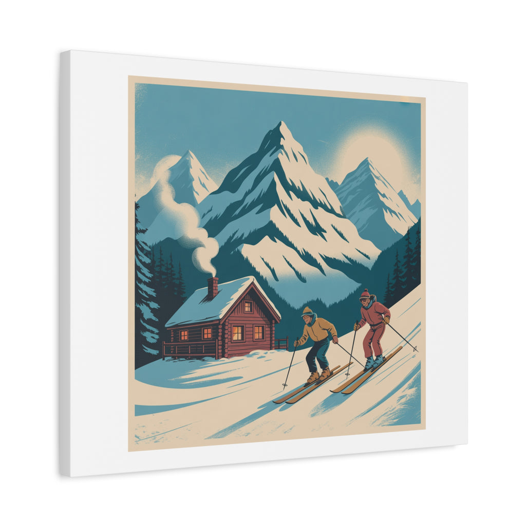 Retro Ski Mountain Canvas Print — Vintage Winter Cabin Art