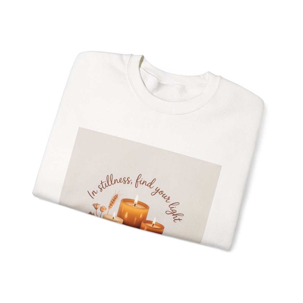 Cozy Candle Crewneck Sweatshirt — "In Stillness Find Your Light" Relaxation Pullover