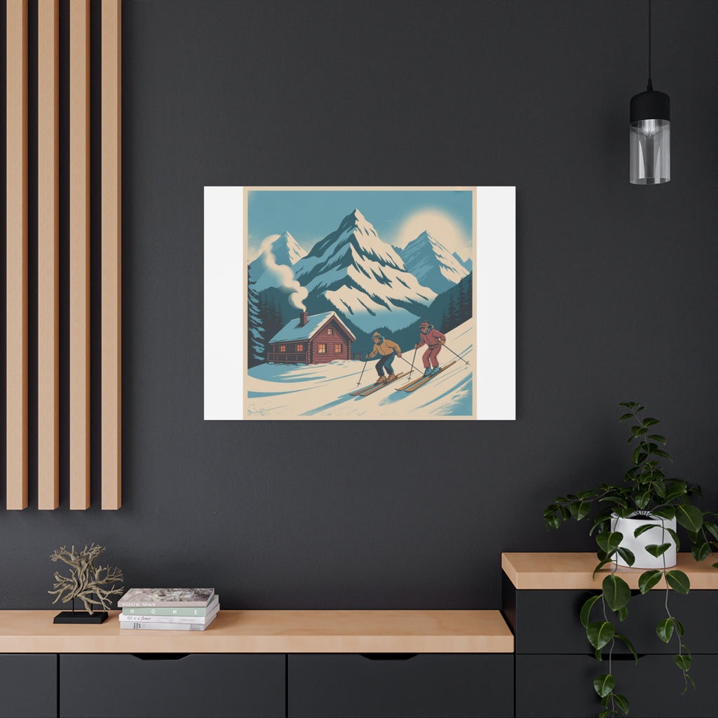 Retro Ski Mountain Canvas Print — Vintage Winter Cabin Art