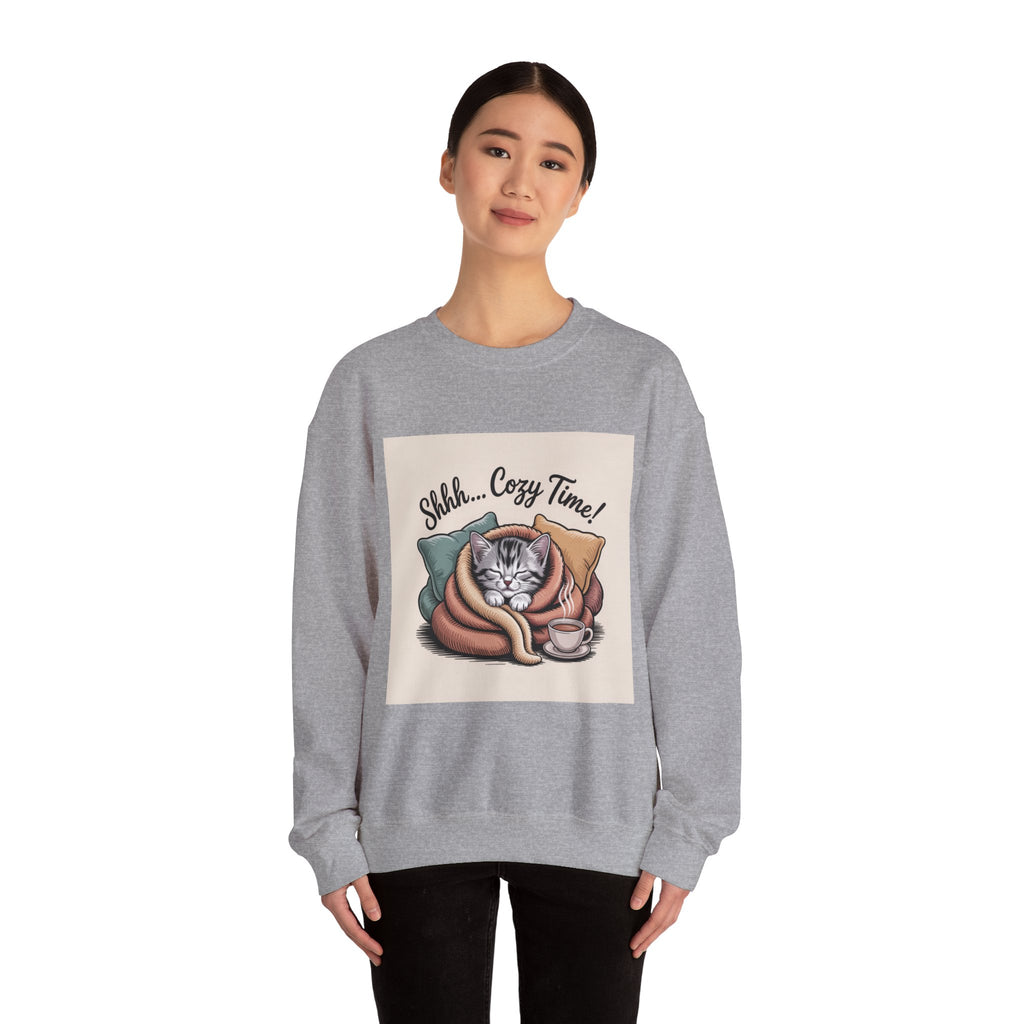 Cozy Cat Crewneck Sweatshirt — “Shhh... Cozy Time!” Graphic