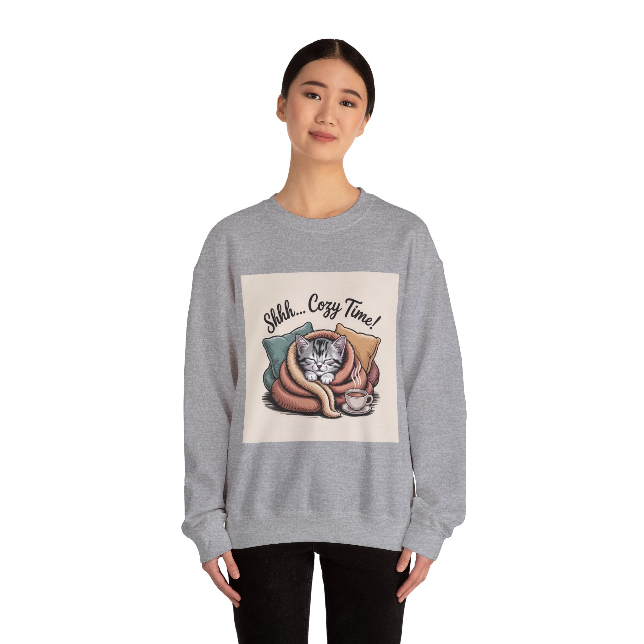Cozy Cat Crewneck Sweatshirt — “Shhh... Cozy Time!” Graphic