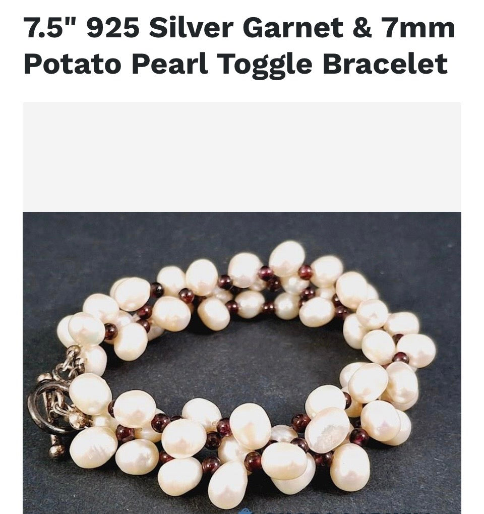 Sterling silver, ruby garnets & natural sea pearls bracelet