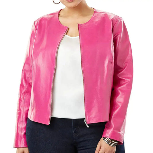 Women's Plus Size Pink Leather Jacket