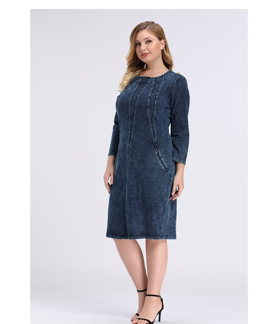 Women's Plus Size Denim Dress Premium Stretch Denim  Slim Fit Dress Casual Dress with shoulder pads