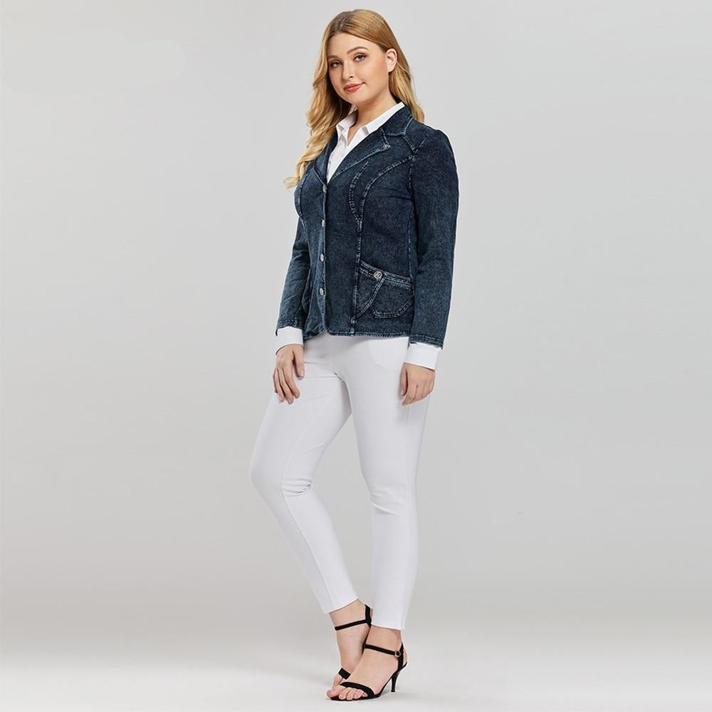 Women's Plus Size Casual Fashion Busine Denim Suit Premium Stretch Knitted Denim Slim Fit Denim Jacket