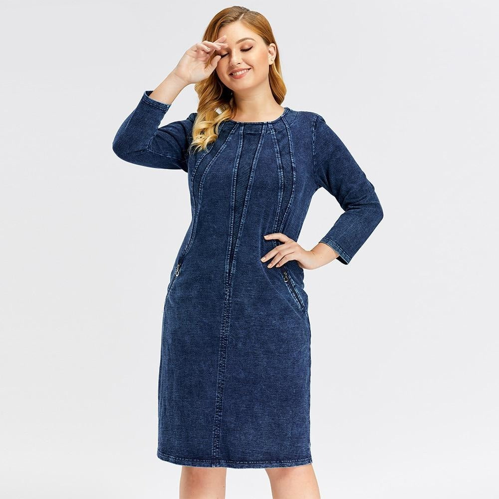 Women's Plus Size Denim Dress Premium Stretch Denim  Slim Fit Dress Casual Dress with shoulder pads