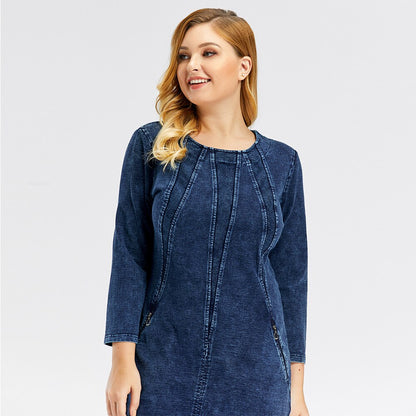 Women's Plus Size Denim Dress Premium Stretch Denim  Slim Fit Dress Casual Dress with shoulder pads